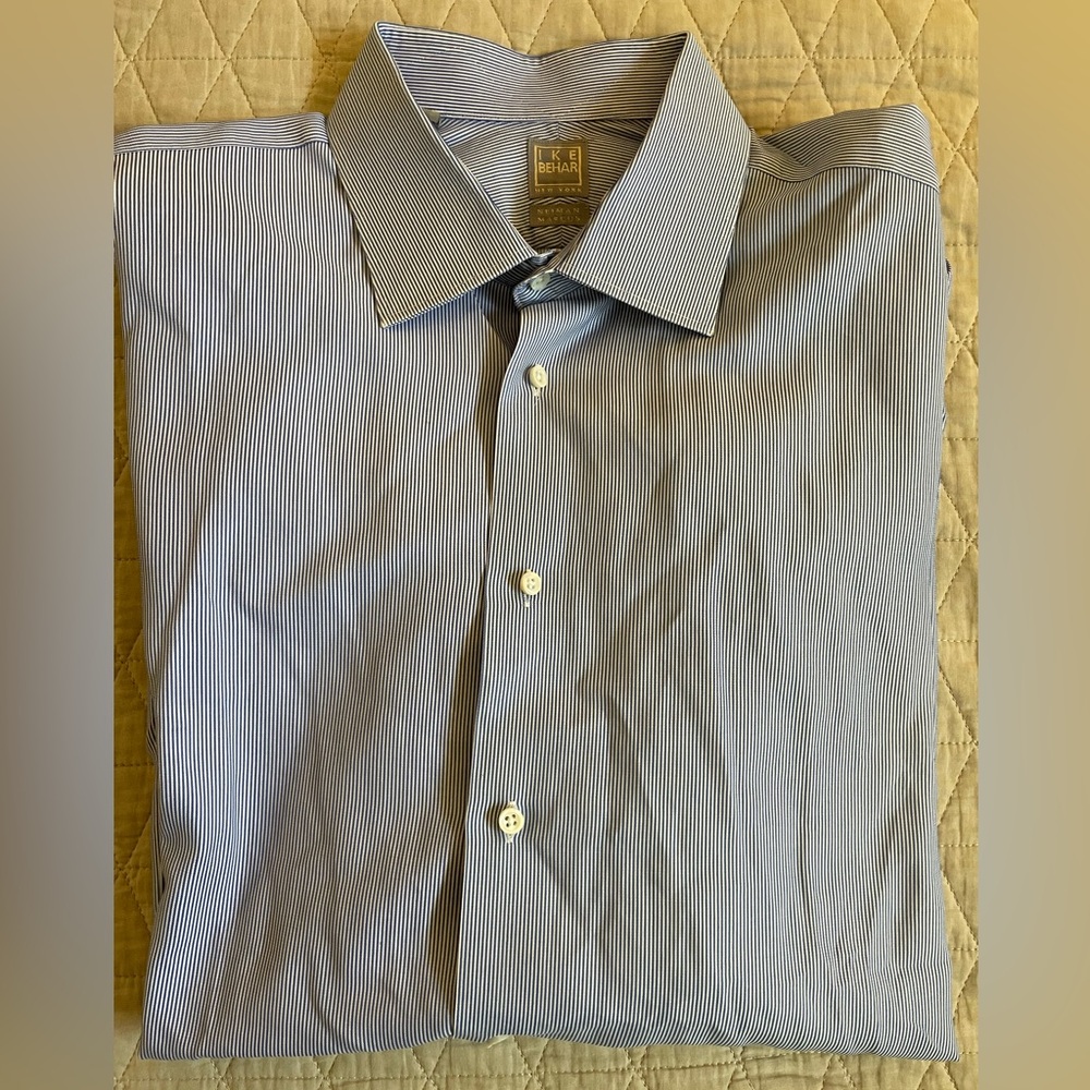 IKE BEHAR Fine Woven Stripe Spread Collar Dress Shirt in Blue 17 1/2-34/35‎